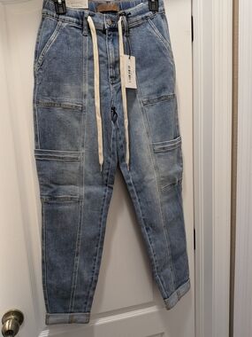 Judy Blue Light Blue Denim Cuffed Jeans - Casual Drawstring Waist Inseam 28"